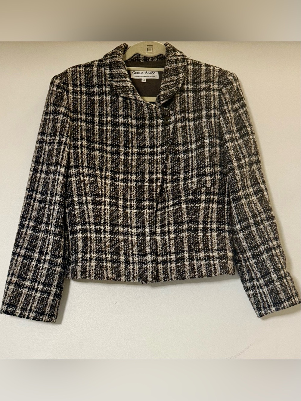 Giorgio ARMANI Black & White Plaid Cropped Wool Jacket Vintage 1980s - Picture 9 of 16